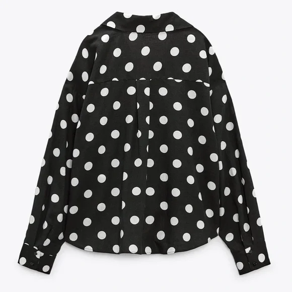 Zara NWT linen black & white polka dot knot front button front long sleeve shirt - Picture 7 of 10